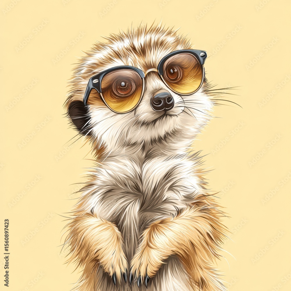 Obraz premium Cute Cartoon Meerkat with Stylish Sunglasses on Yellow Background