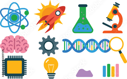 Colorful Science Icons Set Atom Rocket Brain D N A Microchip Lightbulb Microscope Beaker Gear Graph vector