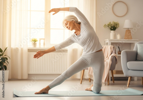 Senior woman enjoys stretching exercises in bright living room, promoting health and wellness with her flexibility.