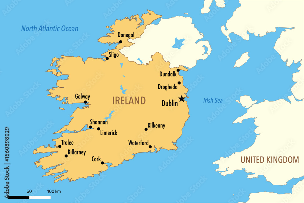 Obraz premium Vector Map of Ireland with Major Cities and Neighboring Countries