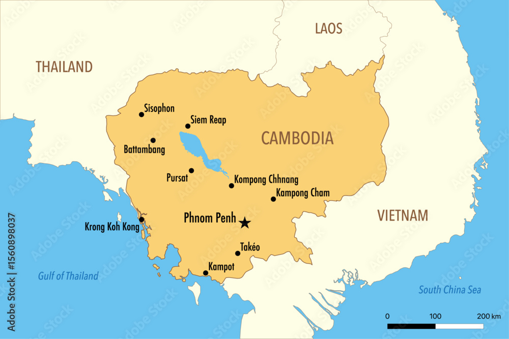 Obraz premium Vector Map of Cambodia with Major Cities and Neighboring Countries