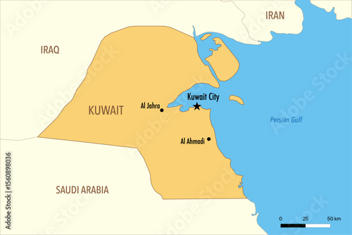 Vector Map of Kuwait with Major Cities and Neighboring Countries