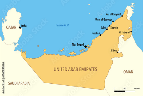 Vector Map of United Arab Emirates with Major Cities and Neighboring Countries