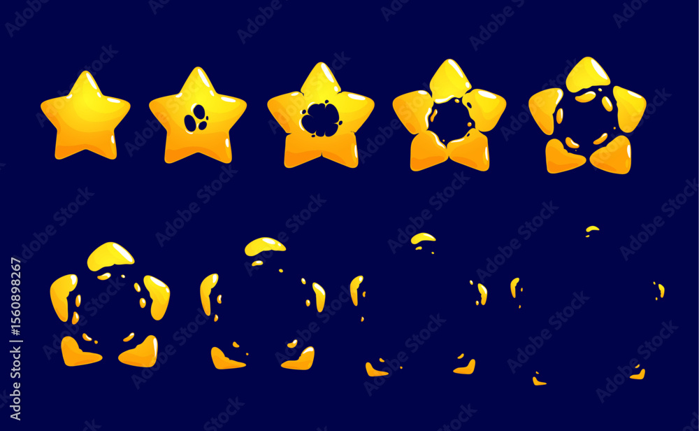 Cartoon golden star sprite animation. Vector golden twinkle explosion sequence frame for game. Star blast explode, boom or puff storyboard movement for comics art or vfx animated effect
