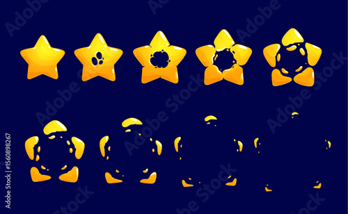 Cartoon golden star sprite animation. Vector golden twinkle explosion sequence frame for game. Star blast explode, boom or puff storyboard movement for comics art or vfx animated effect