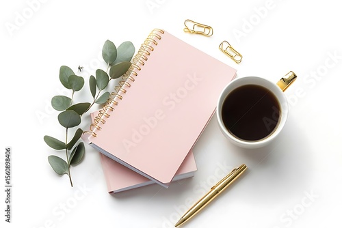 
Business concept. Top view photo of workplace stack of pink diaries, cup of coffee, clips, gold pen, and eucalyptus sprig on isolated white background.