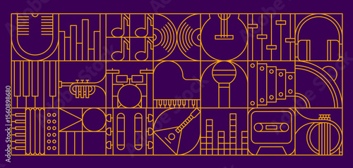 Music modern geometric pattern of musical instruments in line tiles, vector background. Music geometric mosaic pattern of guitar and piano, jazz trumpet and tape cassette, vinyl disc and microphone