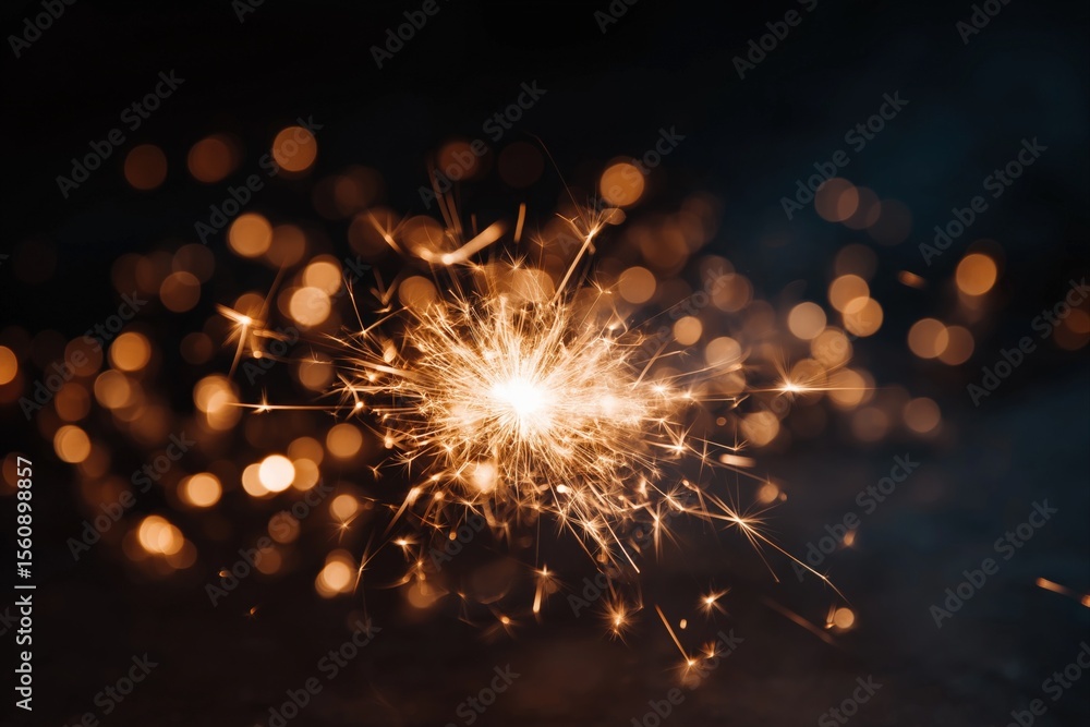Obraz premium Close-up of vibrant sparkler with glowing sparks and bokeh in dark ambiance