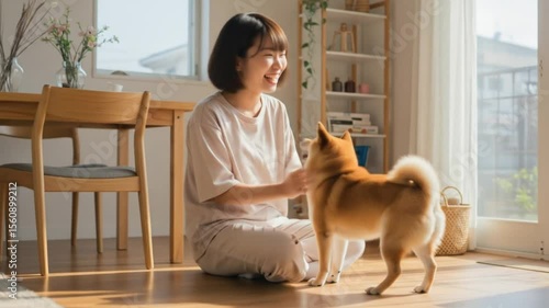Shiba inu dog training at home with young woman owner happy pet obedience commands and positive reinforcement