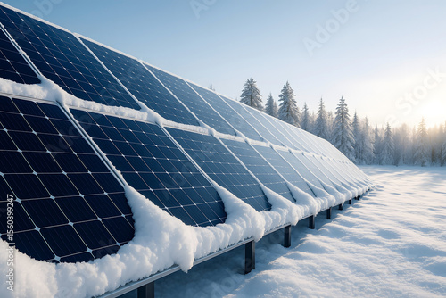 Solar panels covered in snow during winter displaying renewable energy in snowy landscape and sustainable technology