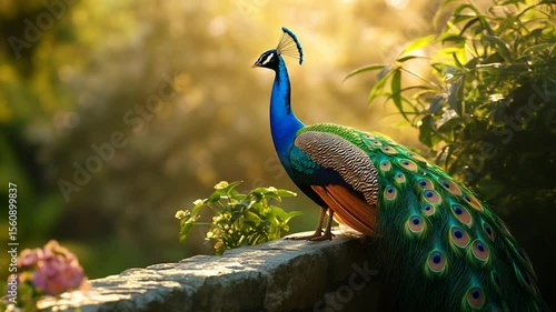 Wallpaper Mural Vibrant Peacock Standing on Tree Branch in Lush Green Garden 4k vidoe Torontodigital.ca