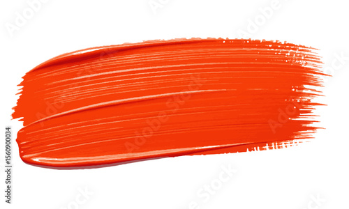 Close up of a vibrant orange paint stroke on a white background with visible brush textures.
