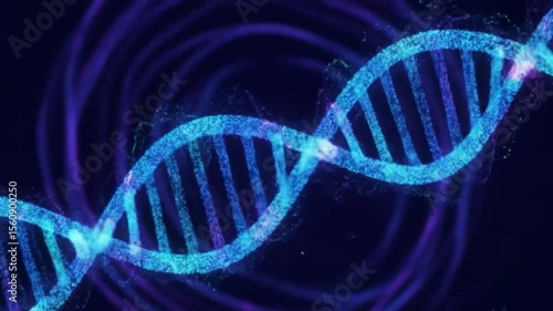 Glowing dna strand with blue and purple hues against a dark background with swirling light patterns