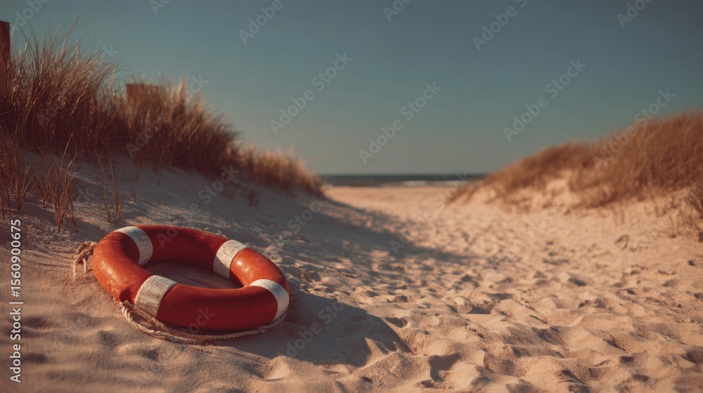 Obraz premium Lifebuoy on cozy summer shoreline