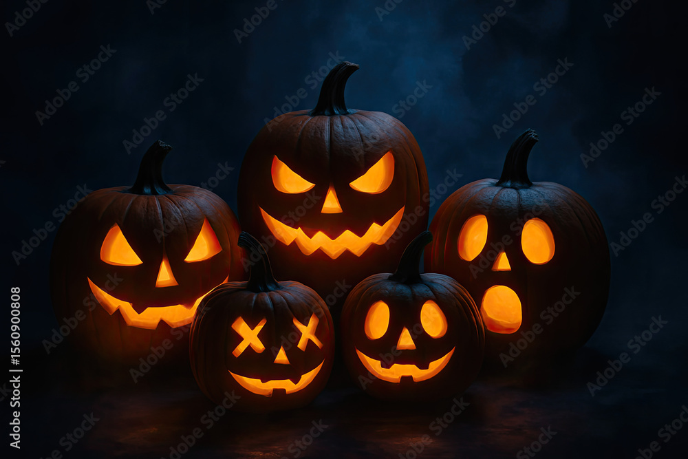 Glowing Carved Pumpkins with Expressive Faces in Cinematic Low Light Halloween Scene Glowing Carved Pumpkins with Expressive Faces in Cinematic Low Light Halloween Scene