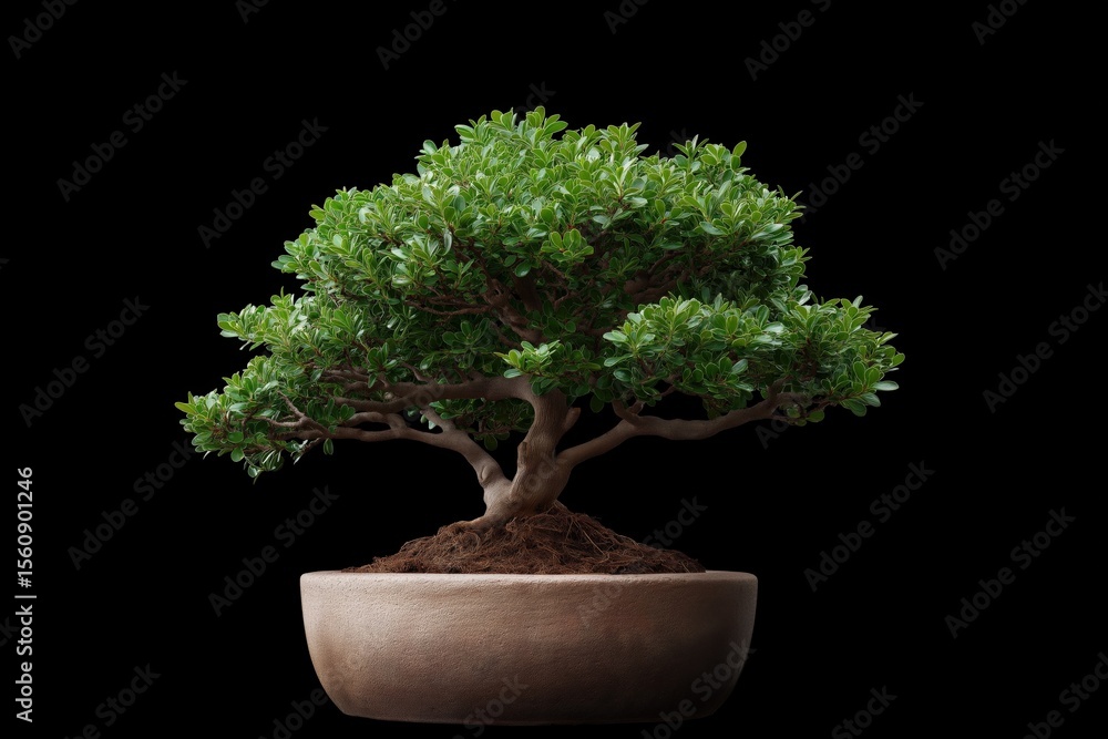 Vibrant green bonsai tree in ceramic pot on black background Vibrant green bonsai tree in ceramic pot on black background