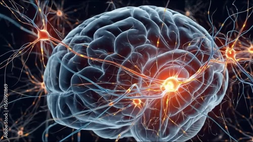 Human brain with neurons firing and connecting in a complex network illustration close up view