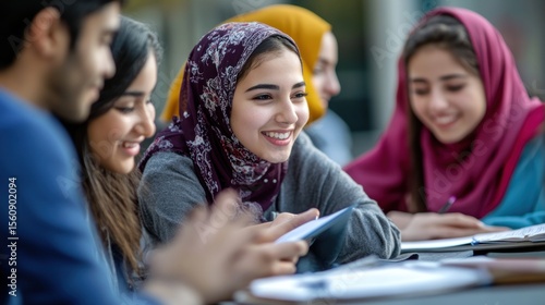 Diverse group of students engaged in conversation and study outdoors
