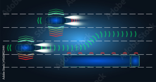 Devices assisting automated vehicles in lane change maneuver near a truck on a highway at night.