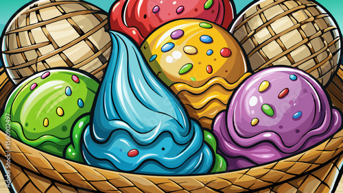 Colorful scoops of artisan ice cream stacked in a crunchy waffle cone, showcasing creamy textures, vibrant flavors, and handcrafted dessert perfection in every bite