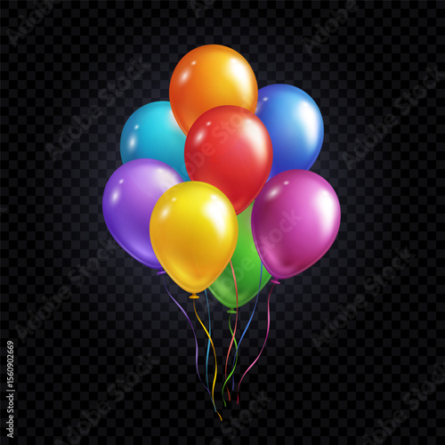 Balloons bunch isolated on transparent background. Vector colorful festive 3d helium balloons template for anniversary, birthday party design