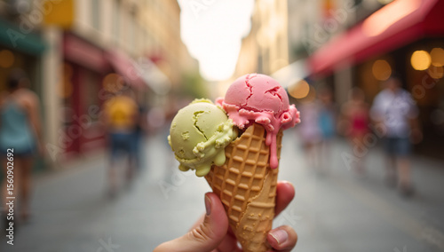 A person holding an ice cream cone in their hand, with a blurred background of buildings and sky.
