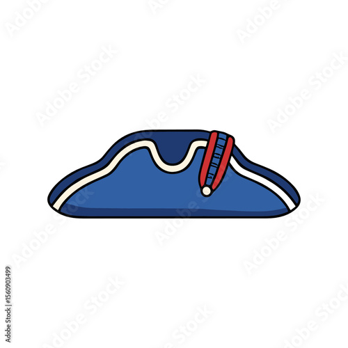 Cartoon depiction of a blue tricorn hat with white trim and a red cockade.
