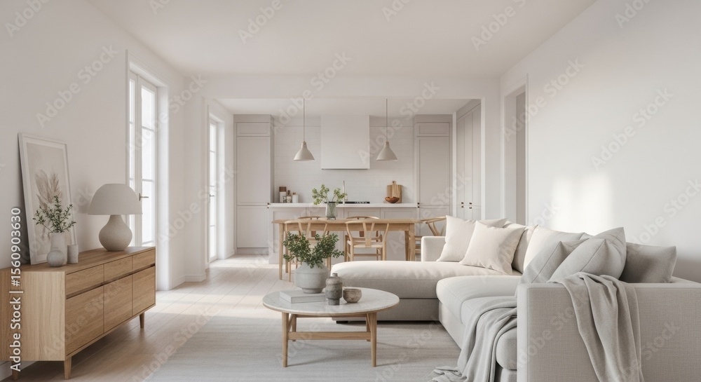 Fototapeta premium Bright modern minimalist living room and kitchen interior design with neutral colors and natural light