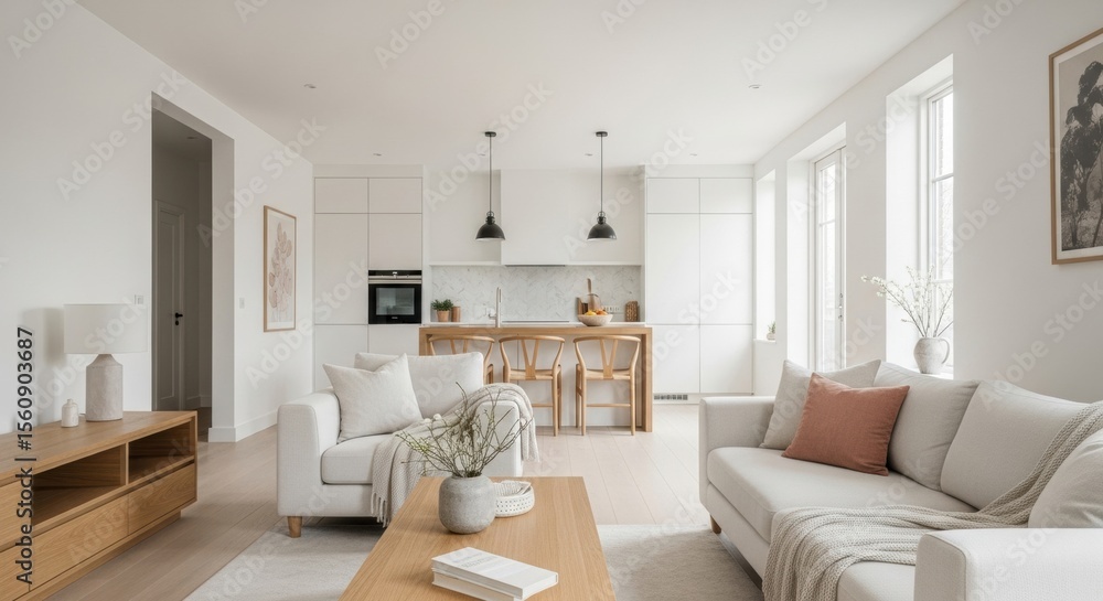 Fototapeta premium Bright modern open concept living room and kitchen with minimalist design and natural light