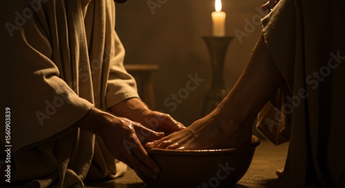 Holy Week Scene: Jesus Washing Disciples’ Feet in Close Detail – Biblical Moment of Service