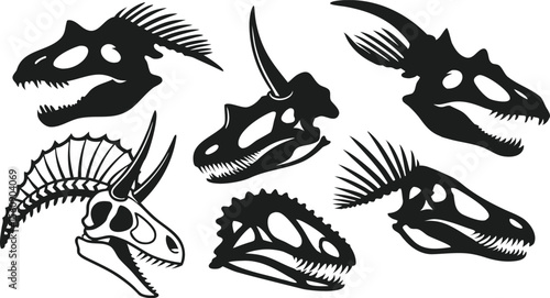 Diverse dinosaur skulls black silhouettes prehistoric