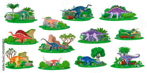 Prehistoric dinosaurs in their natural habitats. Vector scenes include species like sauropods, theropods, and ornithopods surrounded by lush vegetation, rocks and ancient trees, at the Mesozoic era