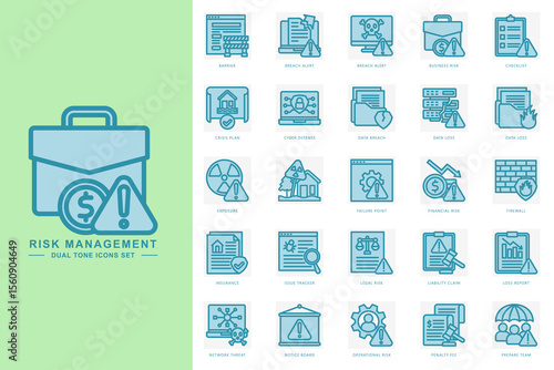 Risk management dual tone icons set. contain barrier, breach alert, business risk, checklist, firewall, financial risk and more. Vector for modern concept, print, UI, UX kit, web and app development.