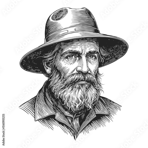A detailed portrait of an older man with a long beard, a hat, and a serious expression, the intricate lines and shading give this illustration a vintage aesthetic.