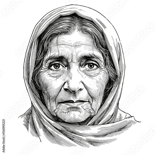 An intimate black and white portrait of an elderly woman wearing a headscarf, her weathered face telling a story of a lifetime of experiences, capturing a moment of quiet dignity.