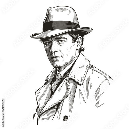A serious man in a fedora and trench coat, a black and white illustration evocative of classic detective fiction.