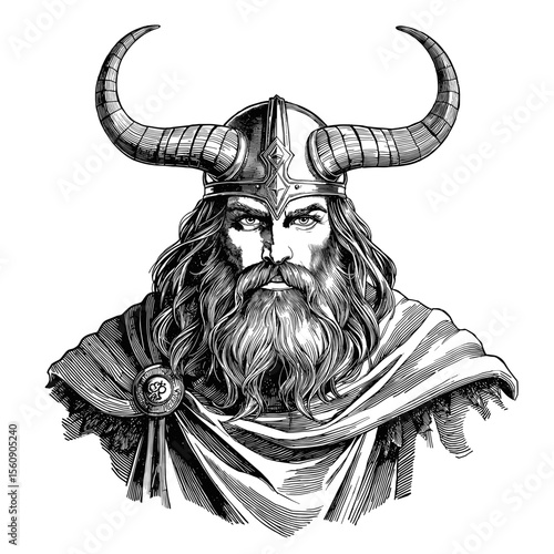 A majestic Viking warrior, adorned in a horned helmet and flowing beard, commands attention with his fierce gaze. vector illustration
