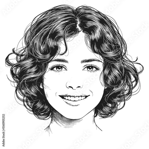 A captivating illustration of a woman, her smiling face exuding genuine warmth. Her eyes sparkle with delight, and her expertly rendered hair cascades in voluminous curls.