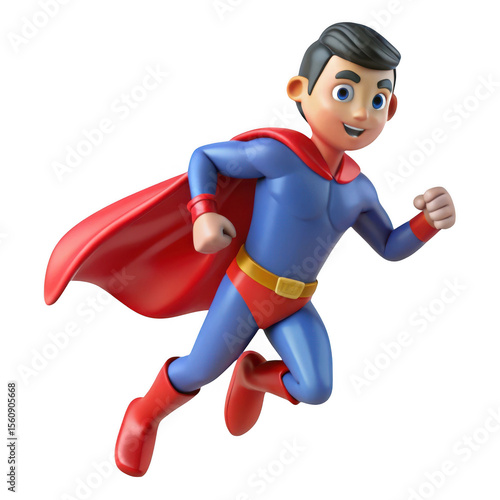 3d cartoon superhero running with red cape isolated on transparent background