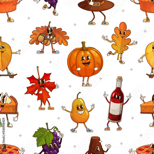 Groovy Thanksgiving characters seamless pattern for autumn holiday, vector background. Thanksgiving day groovy retro cartoon characters of funny pumpkin, freaky apple pie with funky oak acorn and wine