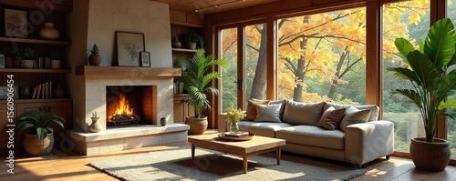 Wallpaper Mural Warm & Inviting Living Room with Fireplace Natural Light Streaming Through Large Windows Creates a Peaceful and Relaxing Atmosphere, Perfect for Family Time Torontodigital.ca