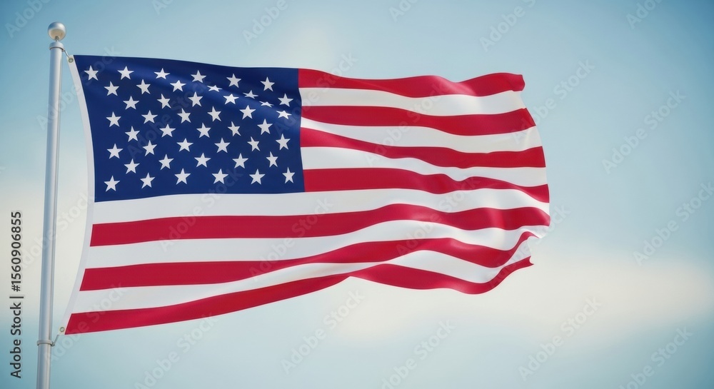Obraz premium American Flag Waving on Flagpole Against a Hazy Blue Sky