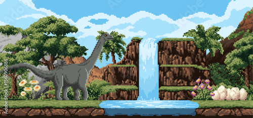 8bit pixel art prehistoric era landscape with dinosaur and dino eggs. Retro 2d videogame vector wallpaper, 8 bit arcade pixel background with brontosaurus dinosaur, river waterfall, jungle rainforest