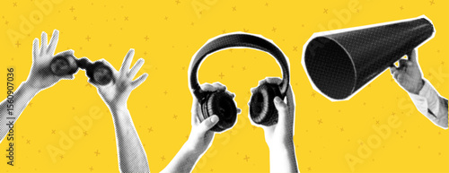Collage elements with hands and cut out figures and doodle elements. Vintage vector set. Retro style halftone effect. Hand gestures with headphones, binoculars and retro megaphone, loudspeaker. Advert