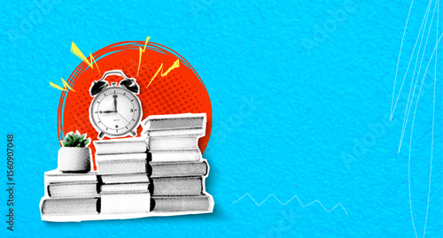 Modern collage with halftone alarm clock, with books and lightning bolts as doodles. Time management and deadline concept in vintage pop art style. Paper cut element. Dotted fashion illustration