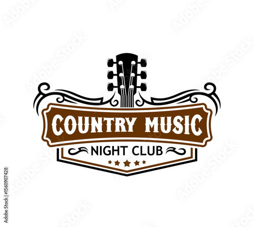 American country music festival or club icon. American cowboy music concert vector icon or symbol, folk music festival sign. Wild West live country band emblem with vintage typography and guitar