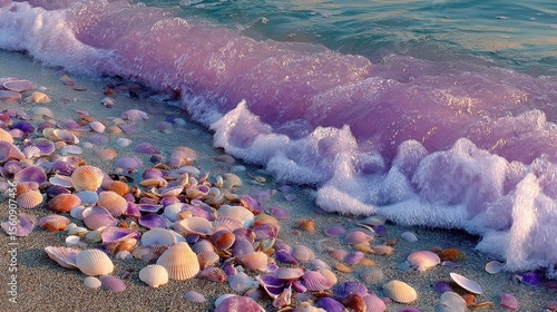 Seashells and the Ocean: An enchanting vista of a shoreline. The gentle foamy waves caress the coast and a plethora of seashell. capturing beauty and tranquility in one photo.