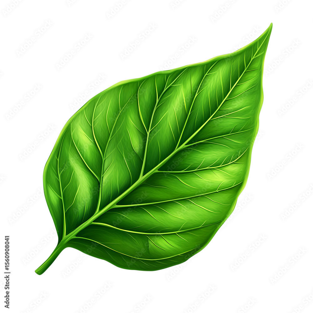Fototapeta premium Vibrant green leaf illustration isolated on white background depicting botanical and natural elements with detailed vein structure