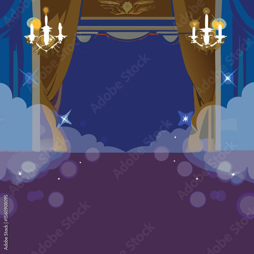 Stage curtains with chandeliers and clouds on a transparent background.