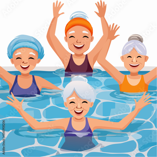 Elderly friends enjoying aqua aerobics in a vibrant pool, laughing joyfully while wearing colorful swim caps, showcasing a lively and energetic atmosphere of friendship and fitness